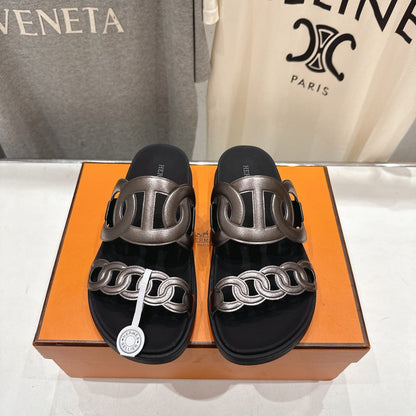 HM 26ss Pig Nose Sandals Black Taupe Metallic Cowhide 641272
