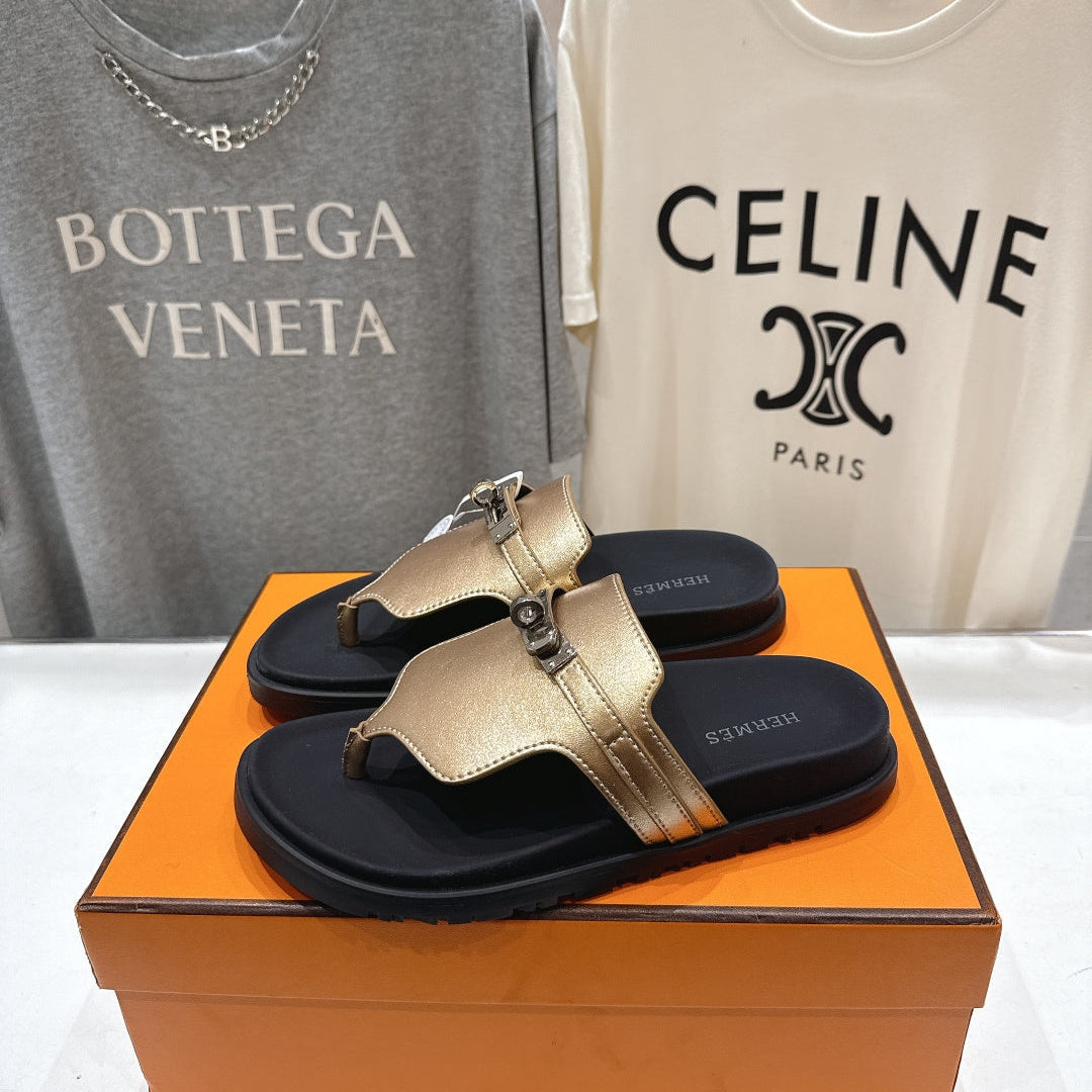 HM 26ss Sandals Black Champagne Gold Cowhide 641275