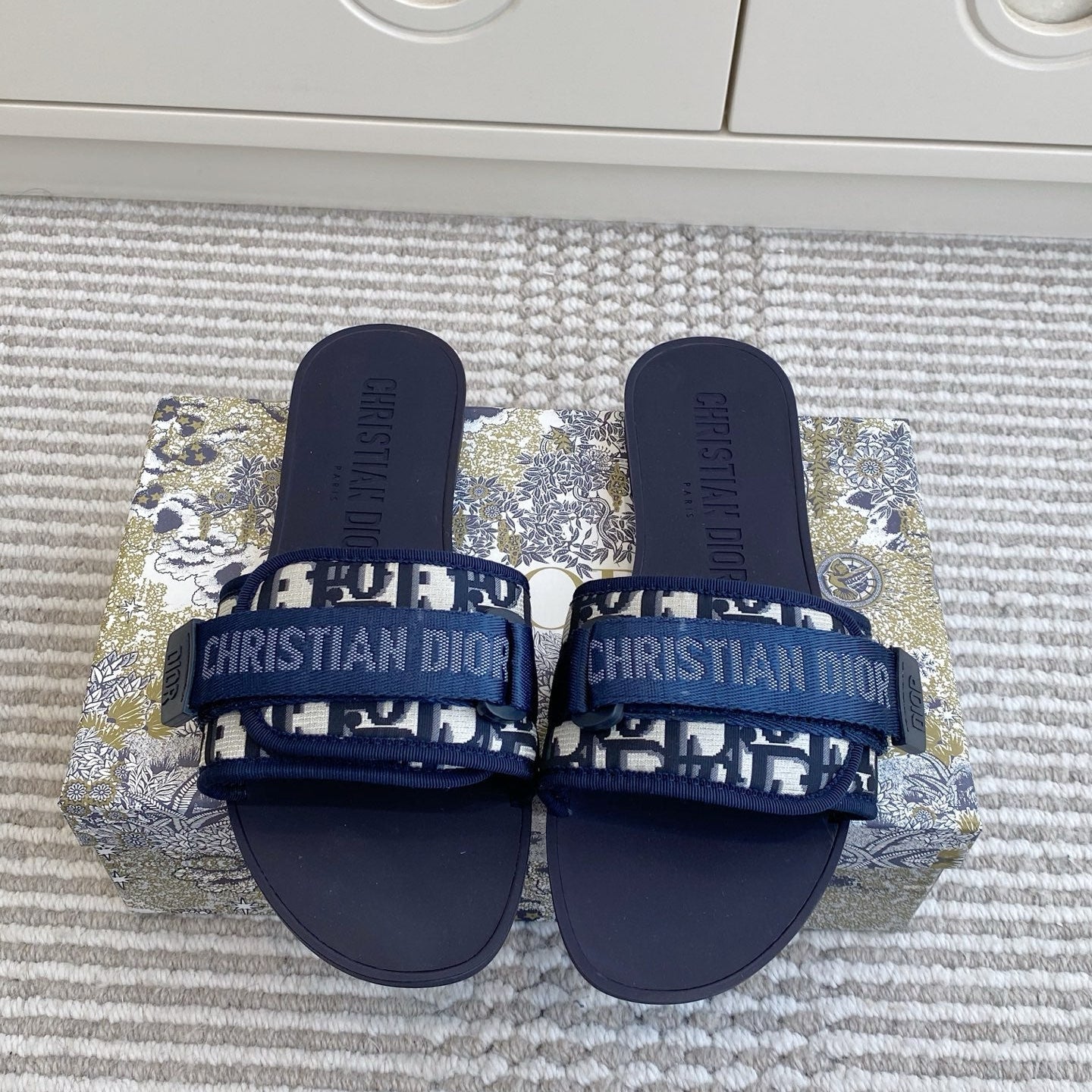 CD 26s Flat Slippers Navy Blue Monogram Canvas Rubber 648133