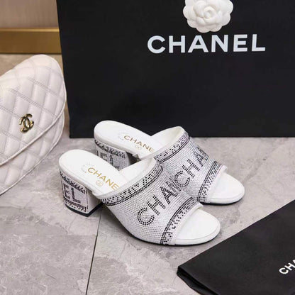 Chanel 2026 Rhinestone Mules Block Heel And Lettered Design Leather 778400