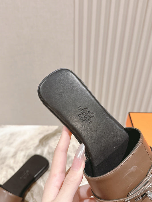 HM 2026 Flat Slippers Black Brown Calfskin 655861