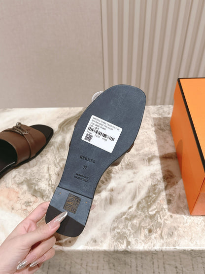 HM 2026 Flat Slippers Black Brown Calfskin 655861