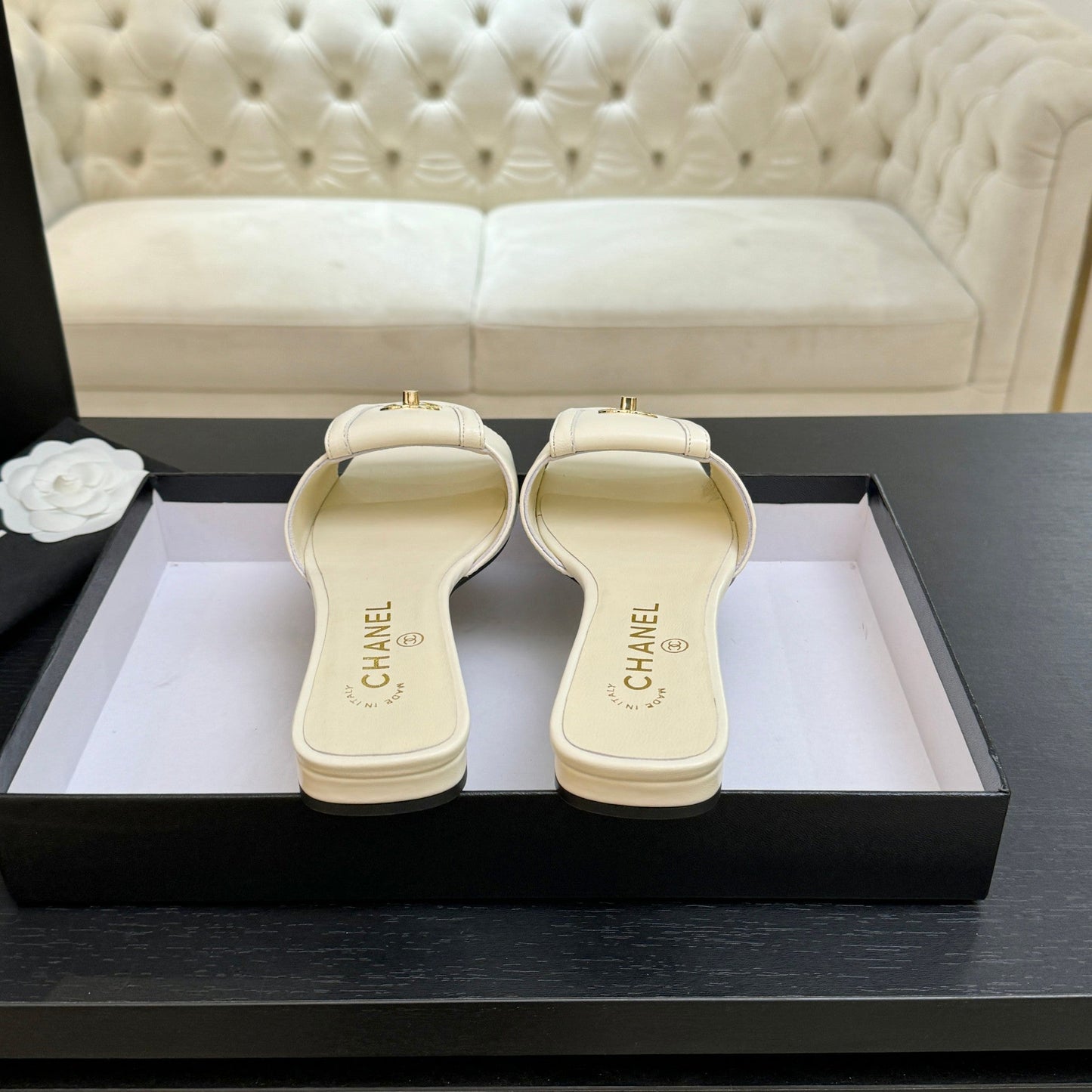 Chanel 2026  Double C Buckle Square Toe Slipper White Lambskin 673031