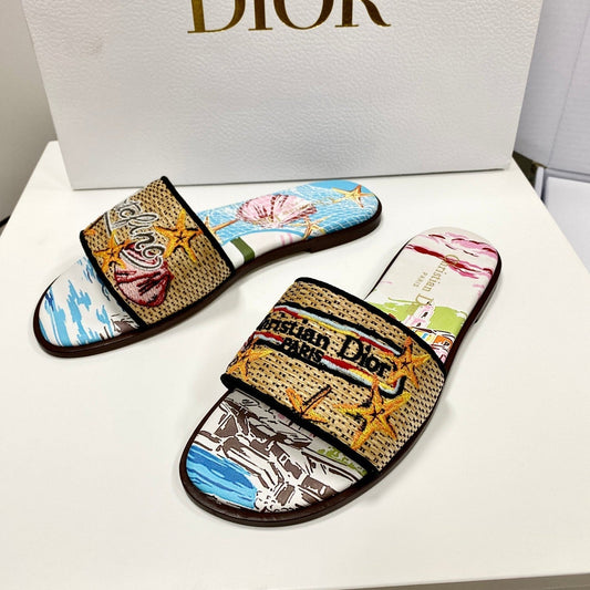 CD 26s Embroidered Sandals Blue Beige Multicolor Canvas Leather 683007