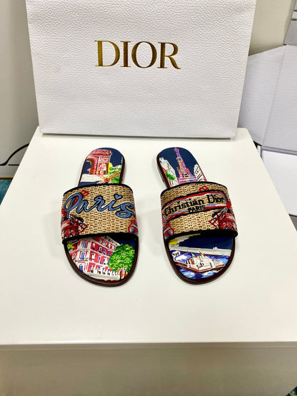 CD 26s Embroidered Sandals Beige Multicolor Canvas Leather 683009