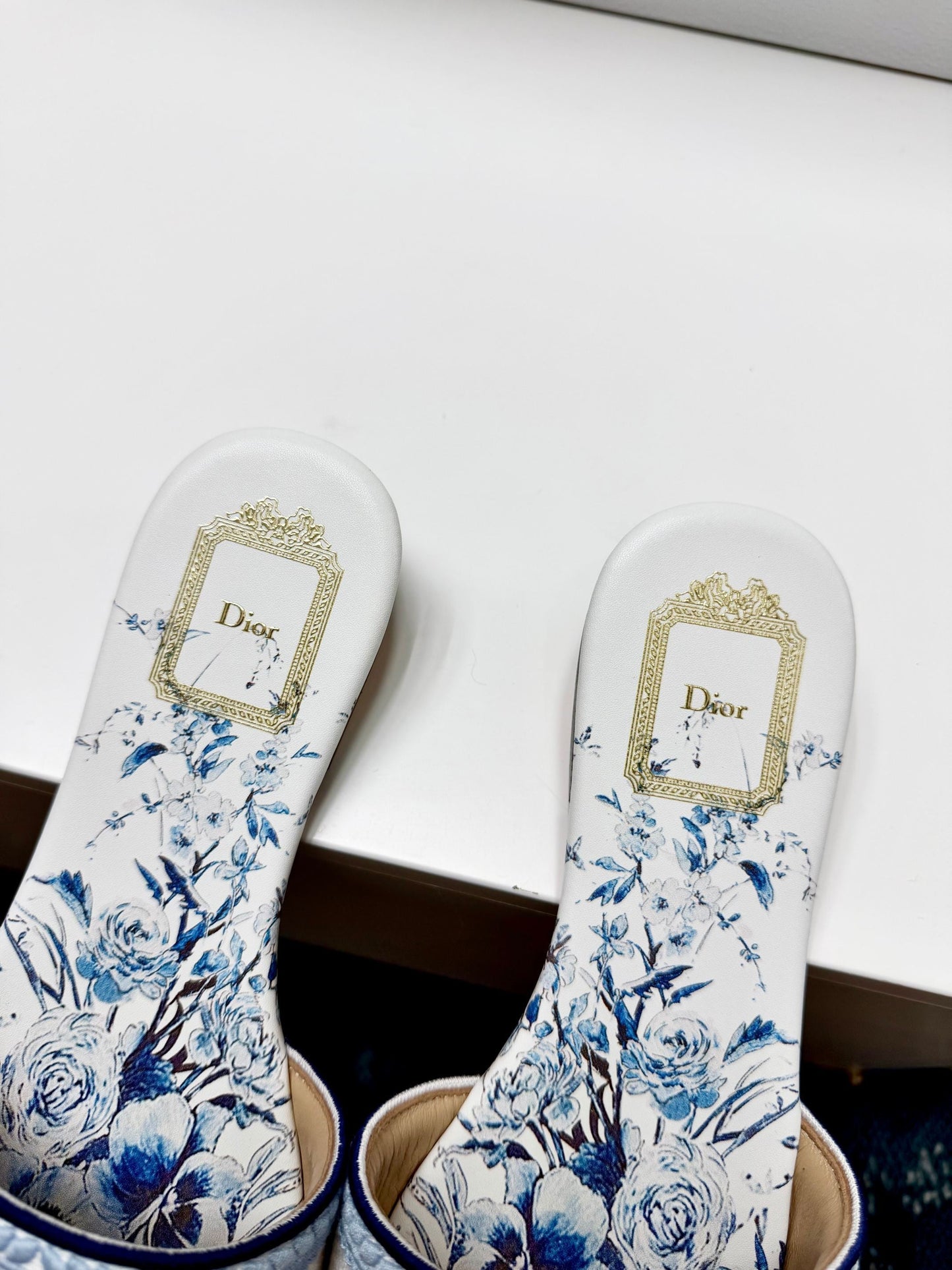 CD 26s Floral Embroidered Sandals White Blue Canvas 683028
