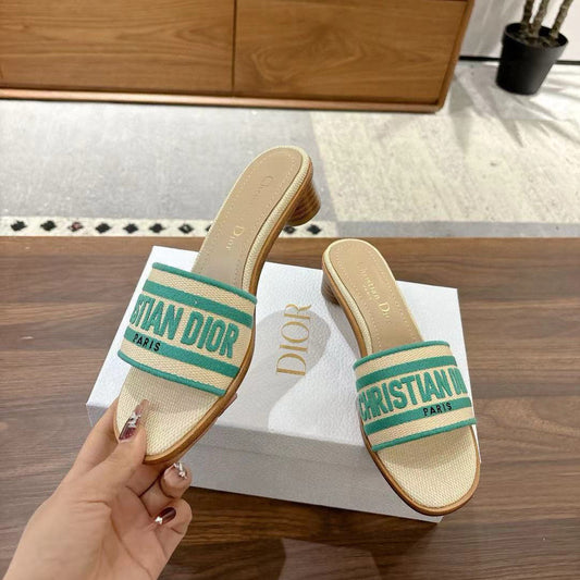 CD 26s Embroidered Sandals Beige Green Canvas Sheepskin 664319