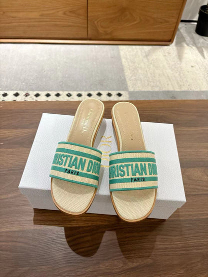 CD 26s Embroidered Sandals Beige Green Canvas Sheepskin 664319