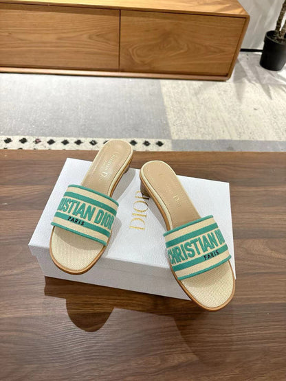 CD 26s Embroidered Sandals Beige Green Canvas Sheepskin 664319