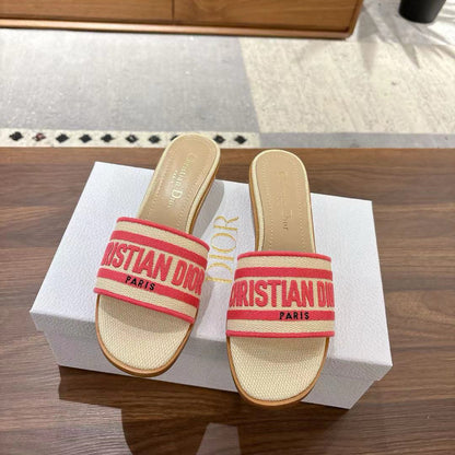 CD 26s Embroidered Sandals Beige Red Canvas Sheepskin 664315