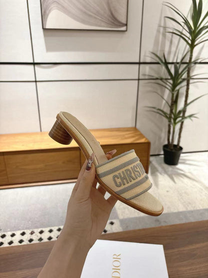 CD 26s Embroidered Sandals Beige Gray Canvas Sheepskin 664324