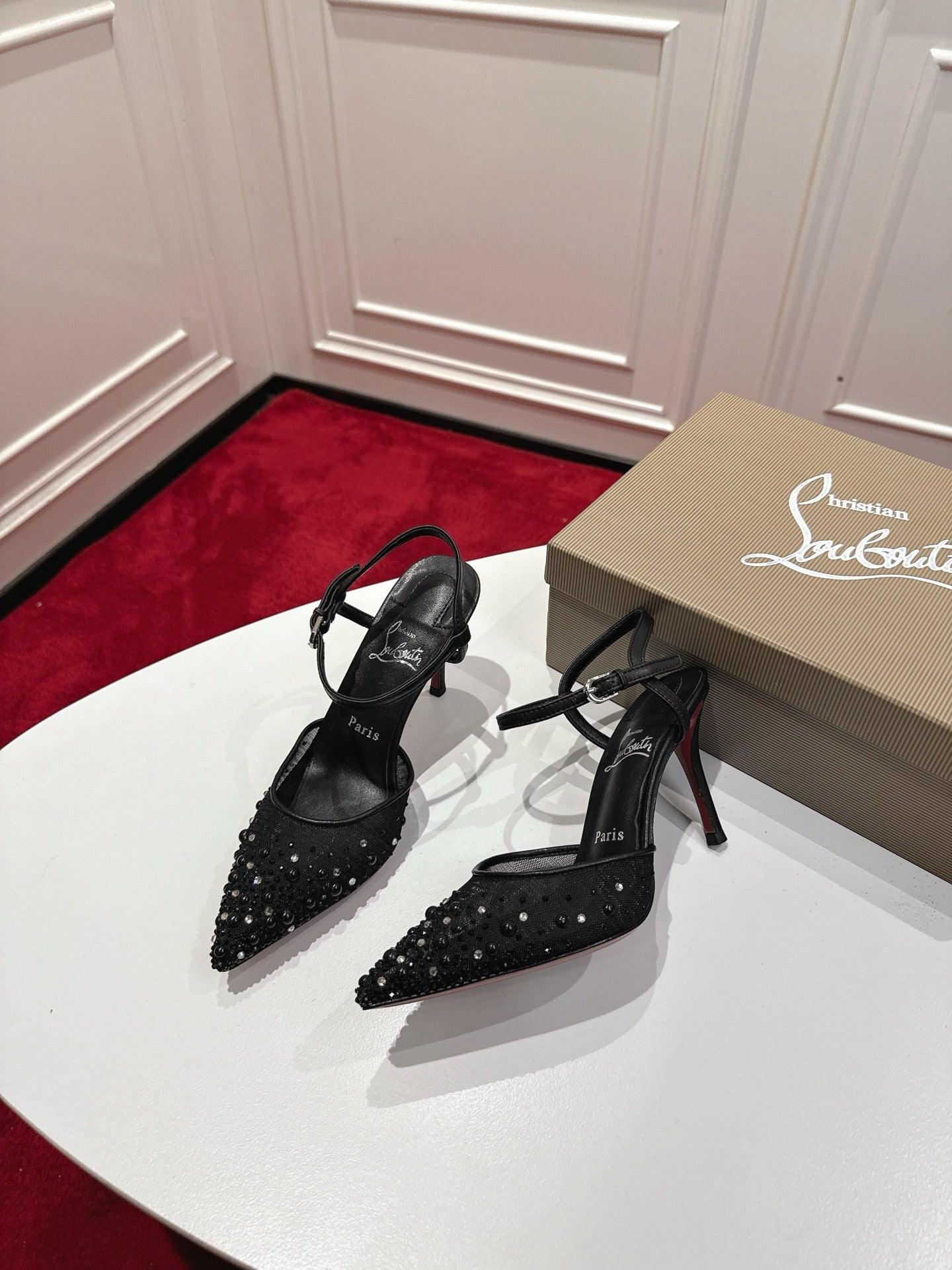 Christian Louboutin Miss Z Degrastrass Perla Slingback Pump Mesh Strass Leather 863574