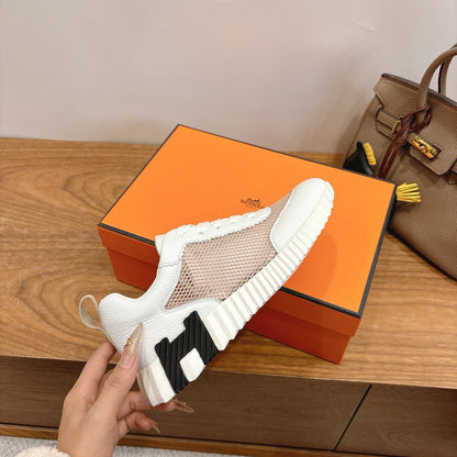 HM 26ss Sneakers White Beige Cowhide  Fabric 638565