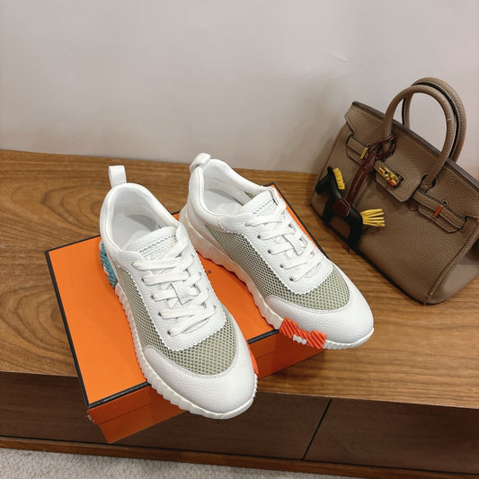 HM 26ss Sneakers White Light Green Cowhide  Fabric 638564