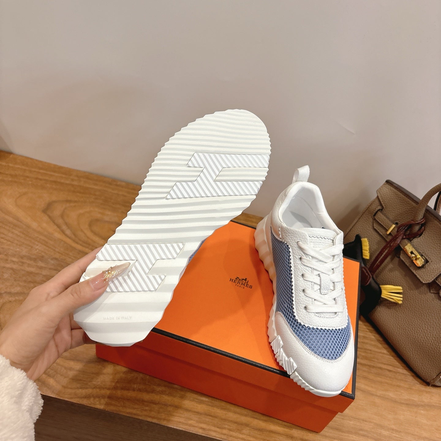 HM 26ss Sneakers White Blue Cowhide  Fabric 638566