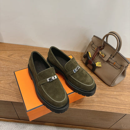 HM 26ss Loafers Olive Green Suede  Sliver Buckle 638432