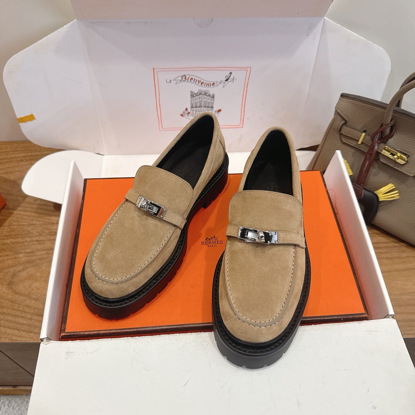 HM 26ss Loafers Dark Beige Black Suede Calfskin 638441