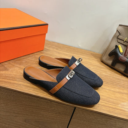 HM 26ss Mule Black Denim Calfskin Sliver Buckle 638477