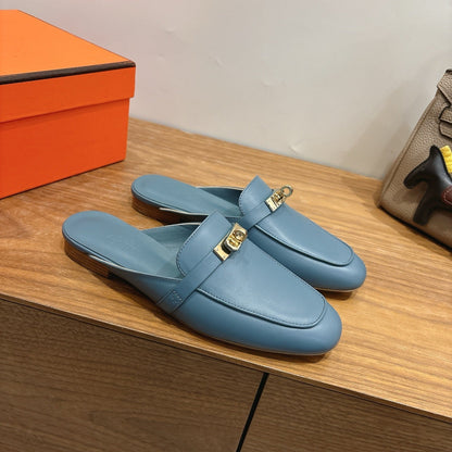 HM 26ss Mule Deep Blue Calfskin Gold Buckle 638465