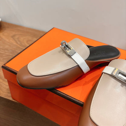 HM 26ss Mule Beige Brown Calfskin Sliver Buckle 638470