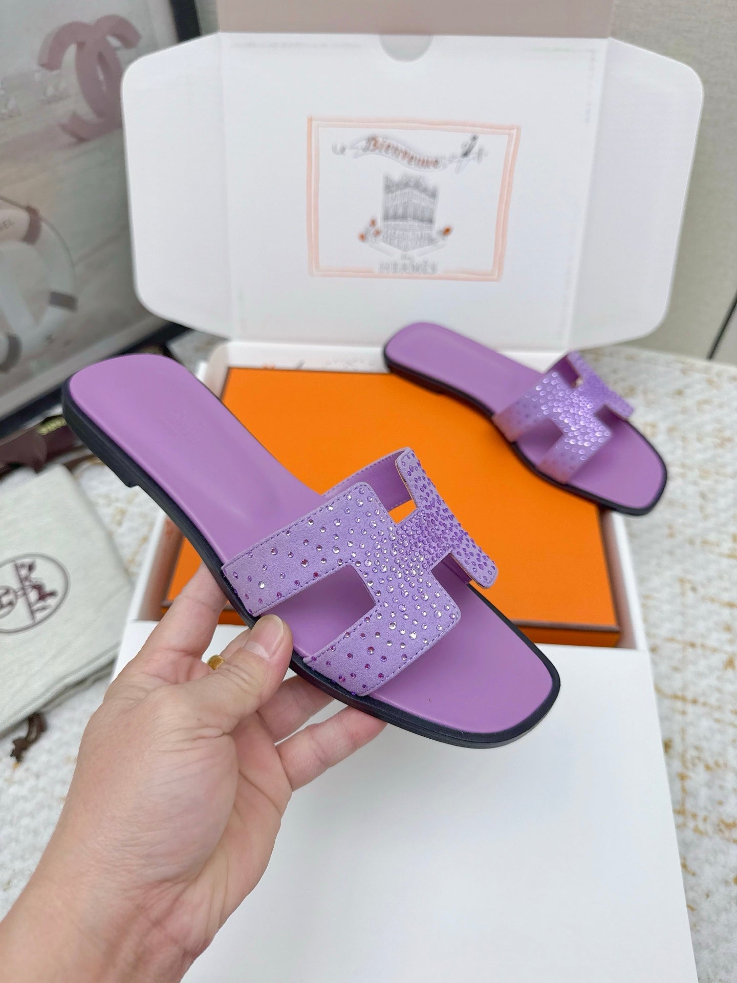 HM 26ss Oran Sandals Purple Crystal Suede Cowhide 625255
