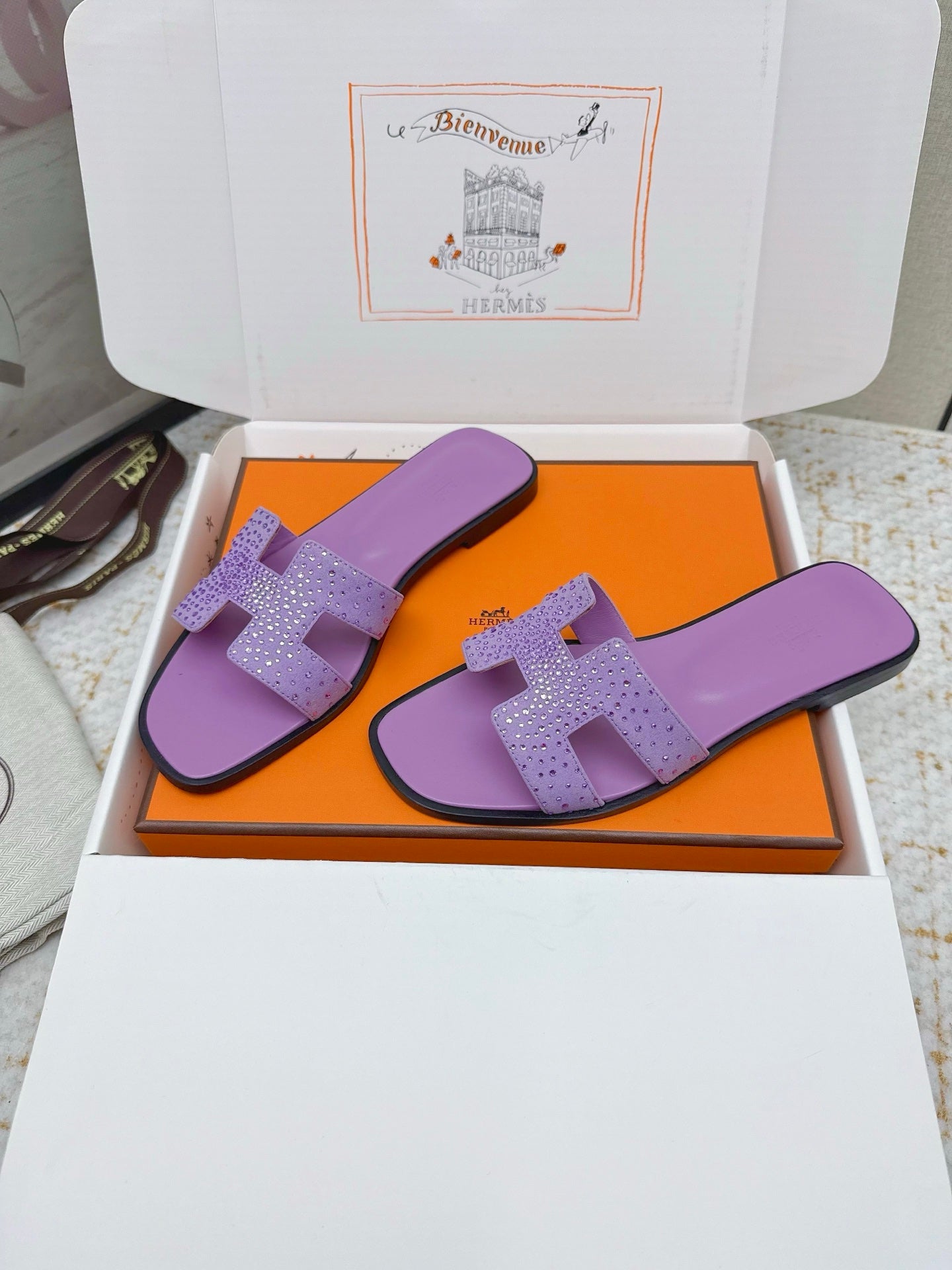 HM 26ss Oran Sandals Purple Crystal Suede Cowhide 625255