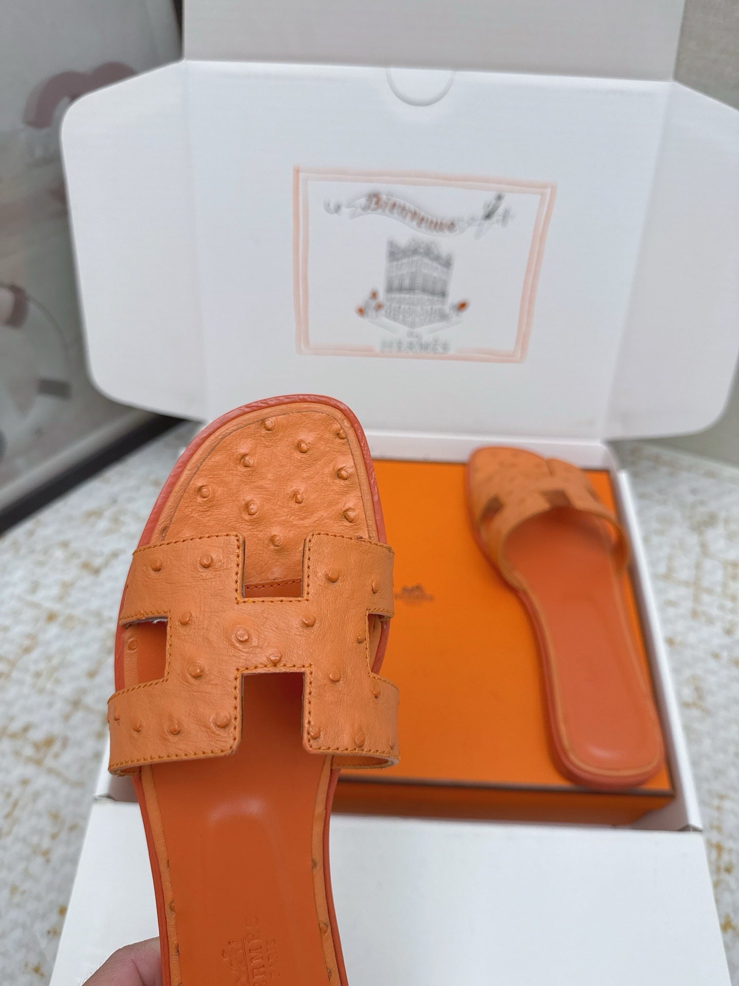 HM 26ss Oran Sandals Orange Ostrich Leather 625093