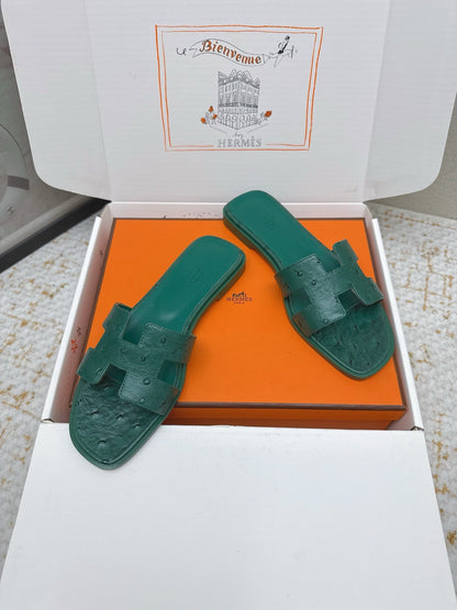 HM 26ss Oran Sandals Forest Green Ostrich Leather 625108