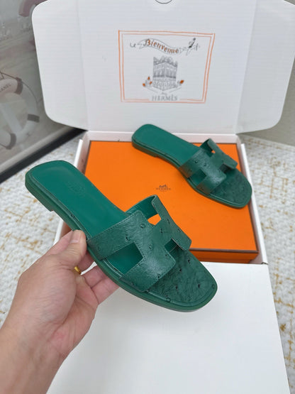 HM 26ss Oran Sandals Forest Green Ostrich Leather 625108
