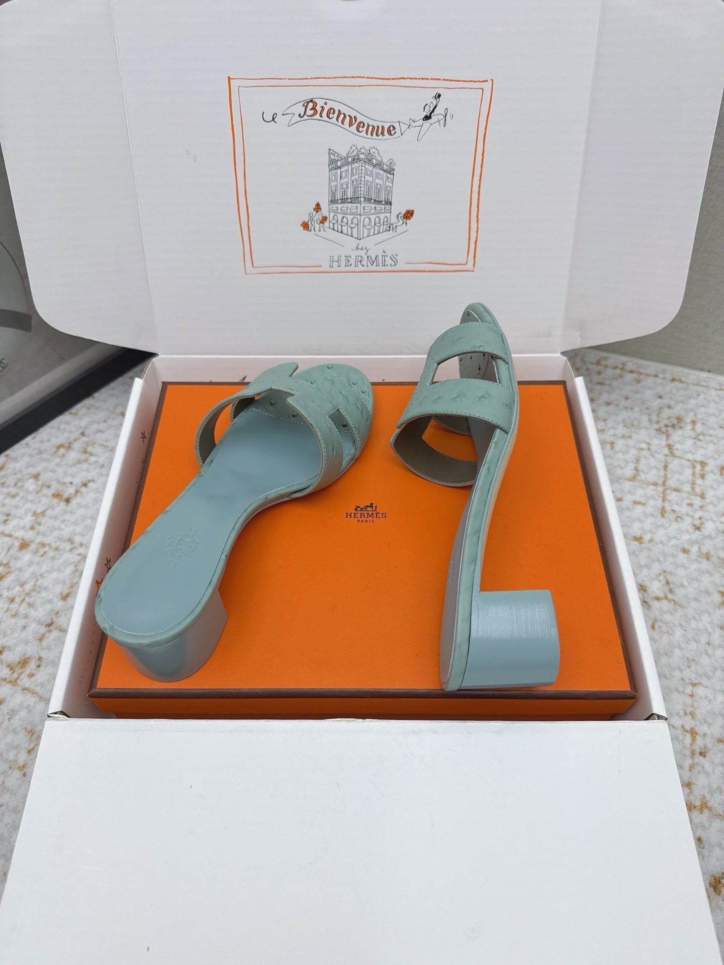 HM 26ss Oran Sandals 50 Vert Amande Ostrich Leather 625130