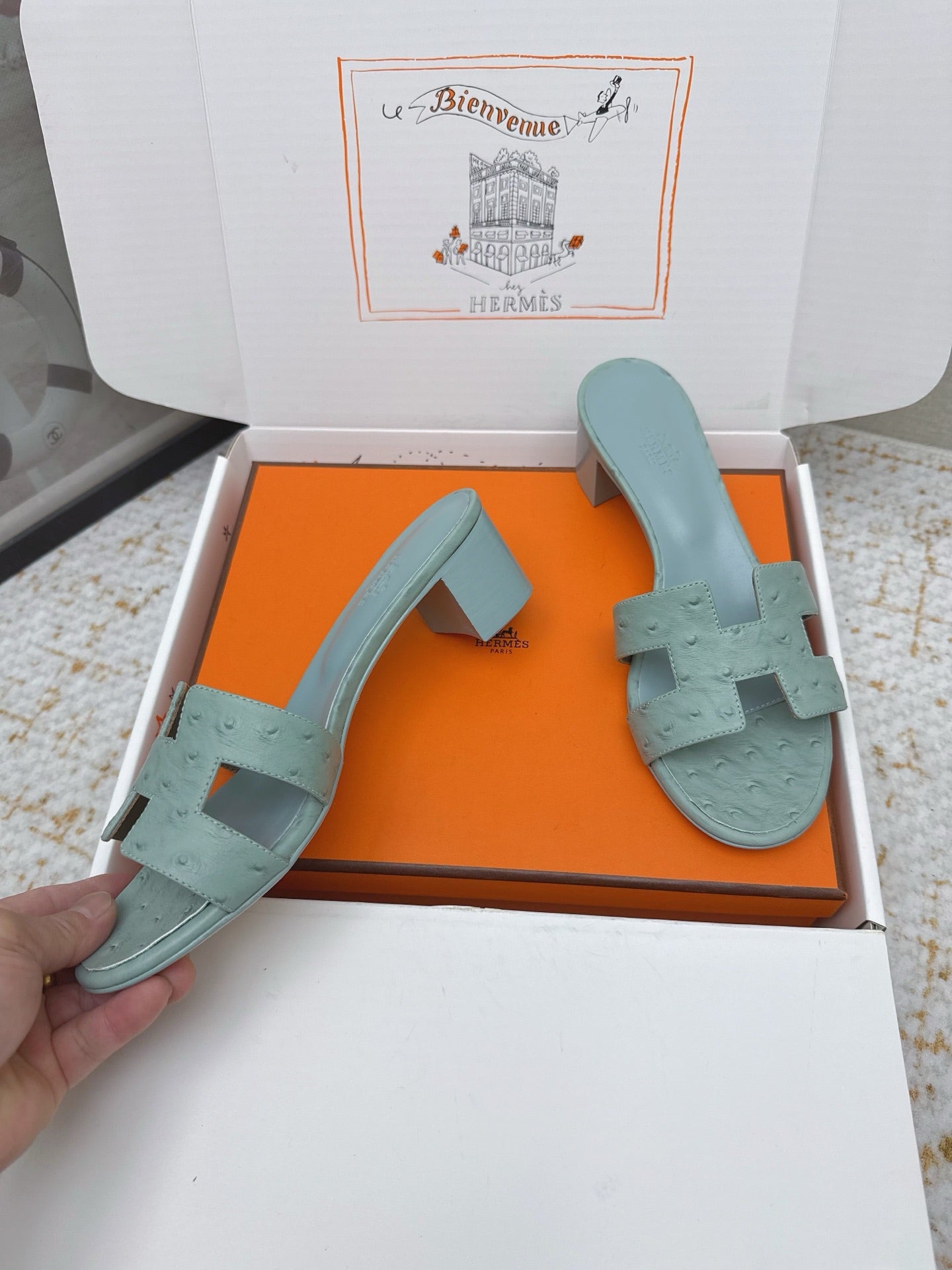 HM 26ss Oran Sandals 50 Vert Amande Ostrich Leather 625130