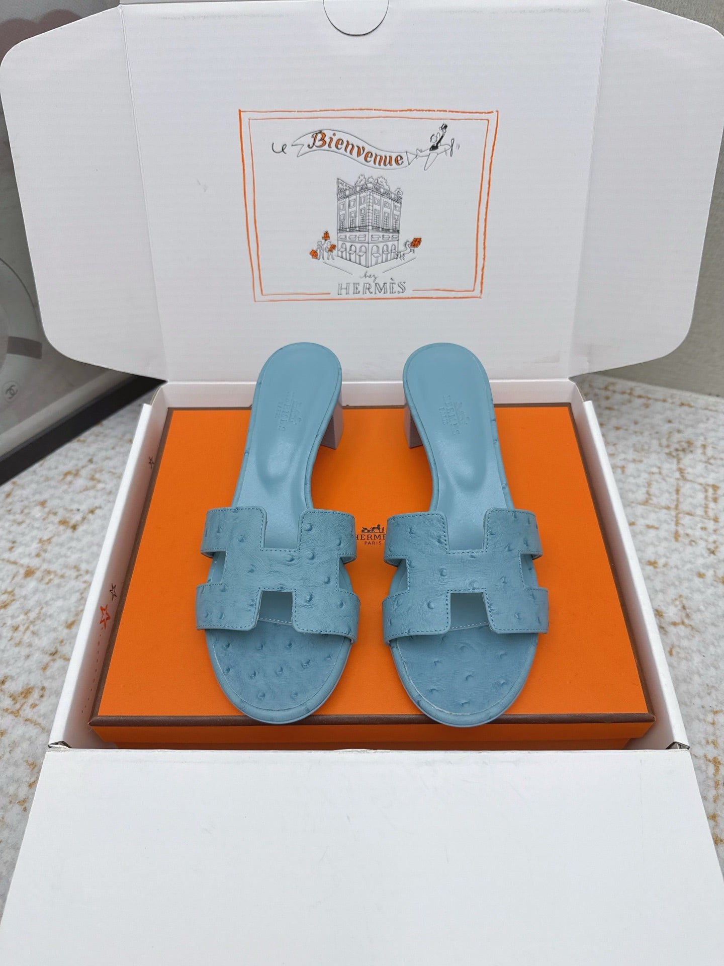 HM 26ss Oran Sandals 50 Dusty Blue Ostrich Leather 625132