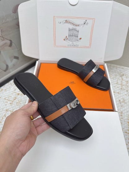 HM 26ss Oasis Sandals Navy Blue Black Denim Cowhide 625152