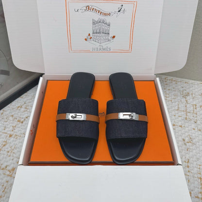 HM 26ss Oasis Sandals Navy Blue Black Denim Cowhide 625152
