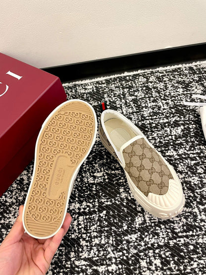 GG 26 Platform Loafers Beige White Monogram Denim 632826