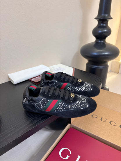 GG 26 Casual Sneakers Black Cowhide Suede Rhinestones 627229