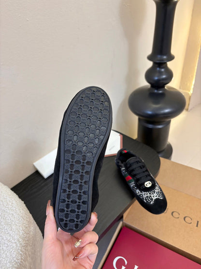 GG 26 Casual Sneakers Black Cowhide Suede Rhinestones 627229