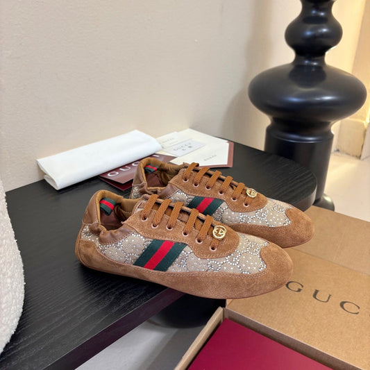 GG 26 Casual Sneakers Brown Cowhide Suede Rhinestones 627230