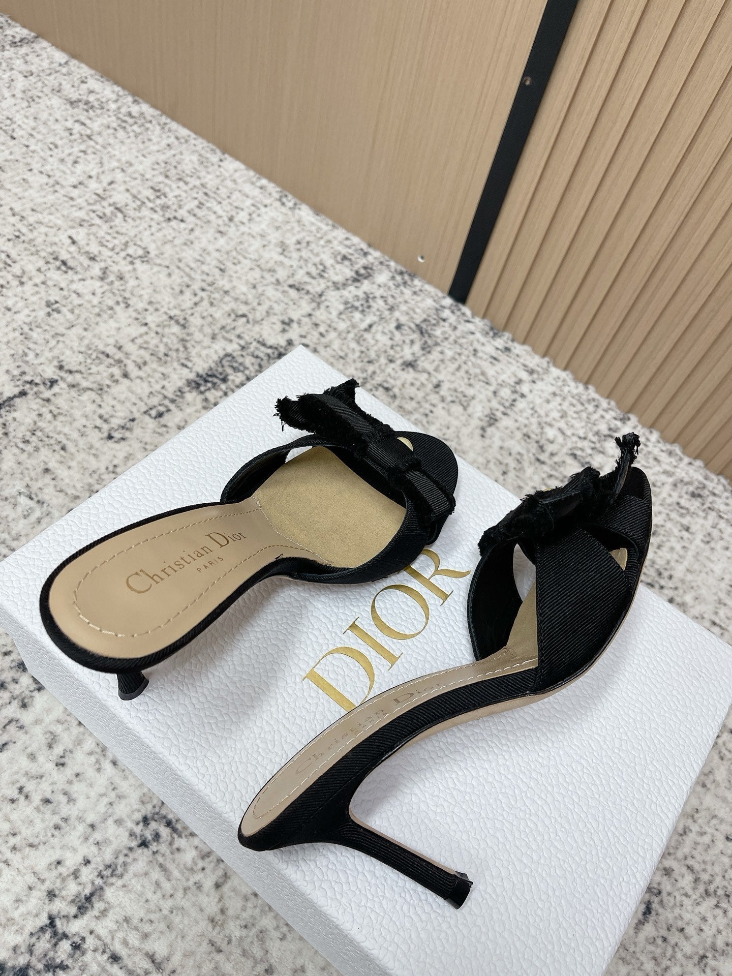 CD 26s High Heel Slippers 75 Black Beige Canvas Leather 643490