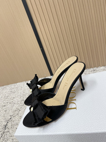 CD 26s High Heel Slippers 75 Black Beige Canvas Leather 643490