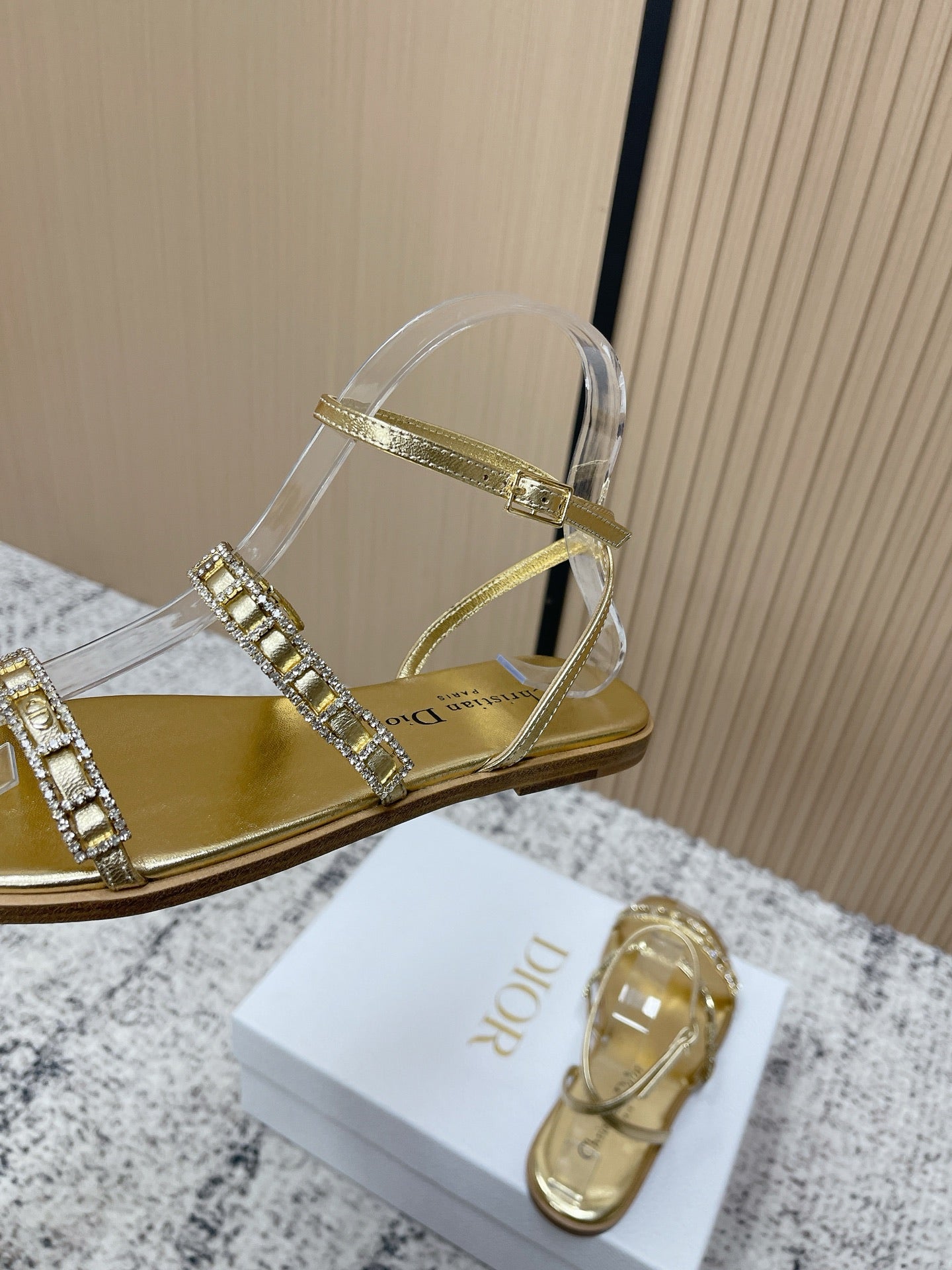 CD 26s Crystal Sandals Gold Champage Genuine Leather 643499