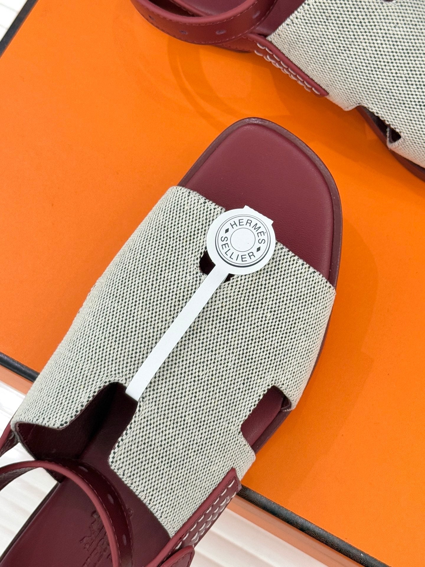 HM 26ss Flat Sandals Burgundy Beige Canvas Sheepskin 642789