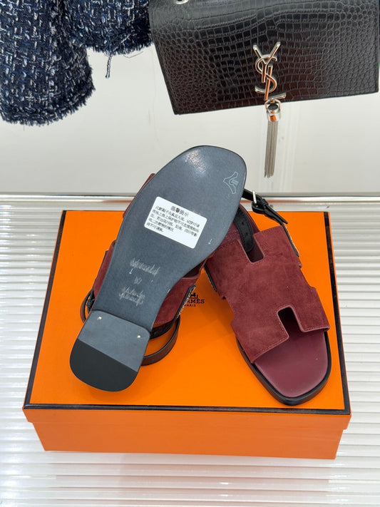 HM 26ss Flat Sandals Burgundy Suede Sheepskin 642797