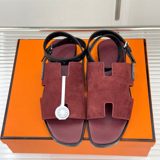 HM 26ss Flat Sandals Burgundy Suede Sheepskin 642797