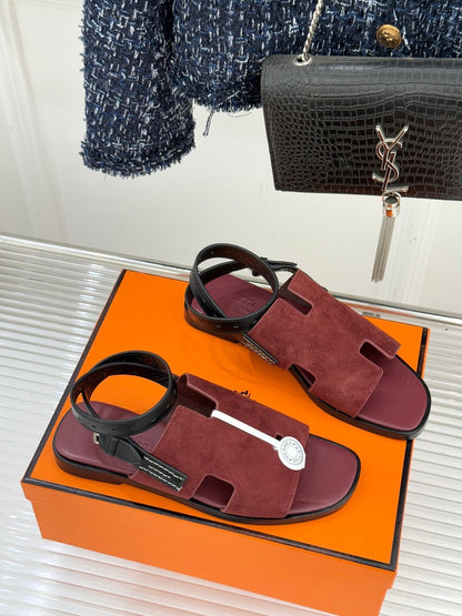HM 26ss Flat Sandals Burgundy Suede Sheepskin 642797