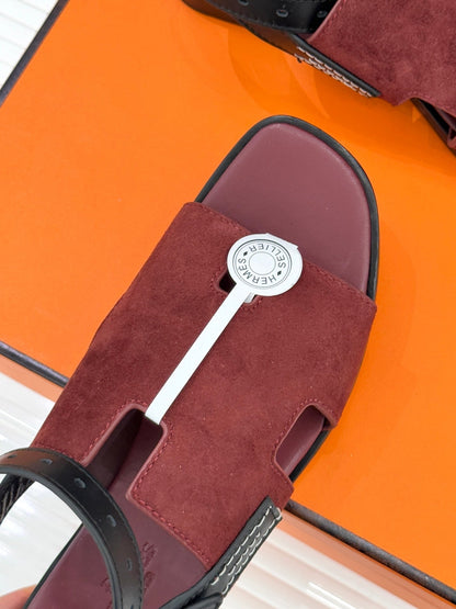 HM 26ss Flat Sandals Burgundy Suede Sheepskin 642797