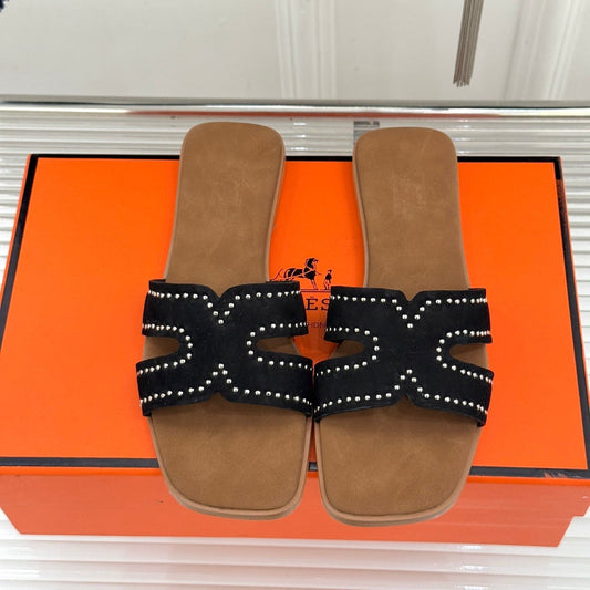 HM 26ss Flat Slippers Brown Black Suede 642827
