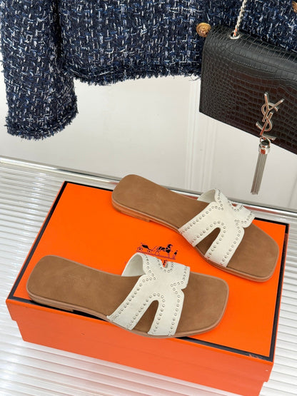 HM 26ss Flat Slippers Brown White Suede 642828