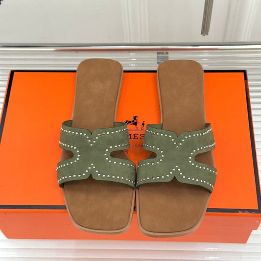 HM 26ss Flat Slippers Brown Green Suede 642829