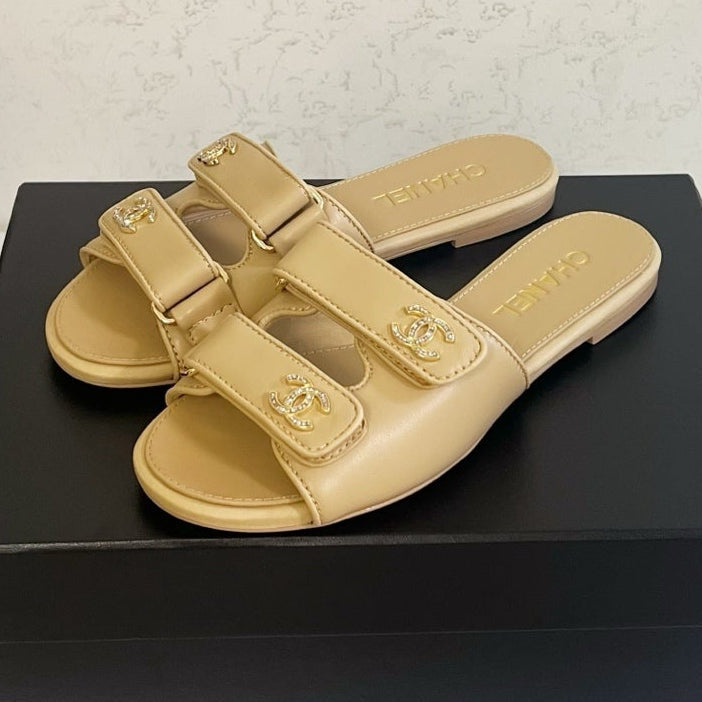 Chanel 2026 Velcro Mules CC Gold Logo Leather 779356